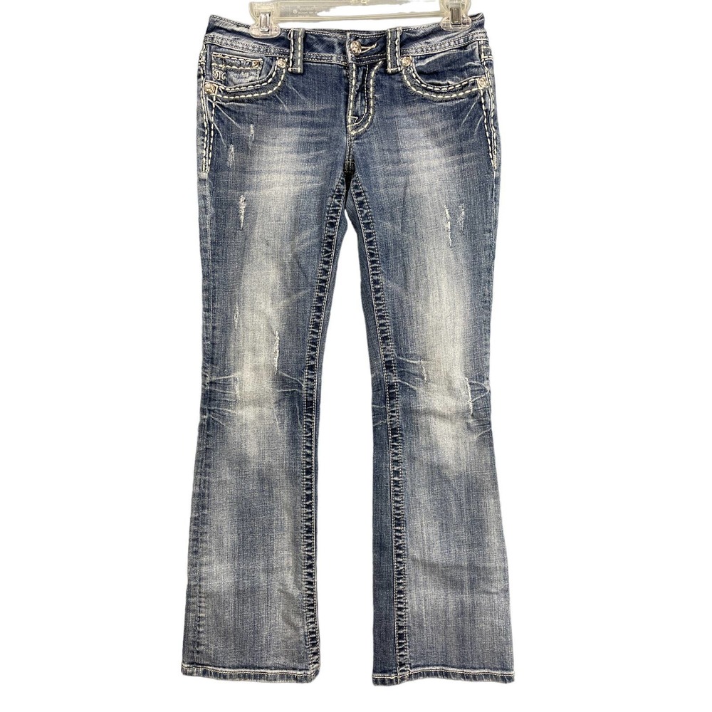 Miss Me Jeans Women's 28 Medium Wash Distressed Boot Cut Heavy Stitch Denim